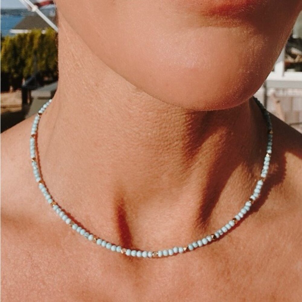 Dainty Gemstone Beaded Necklace Waterproof Gold Beads Turquoise or Lapis Lazuli